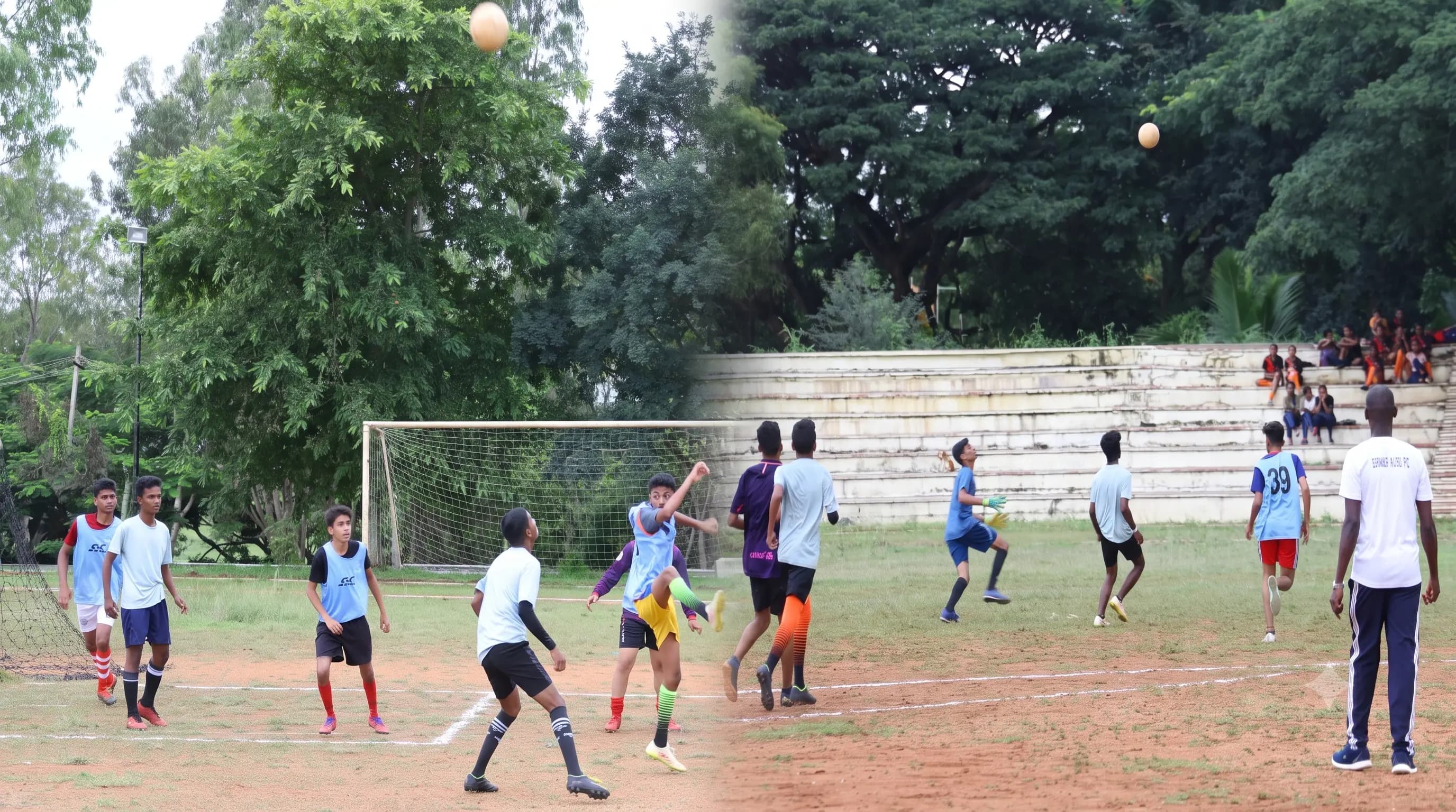 The natural grass football ground at PSSEMR School, Davangere, with goalposts at both ends and the campus tree line behind.