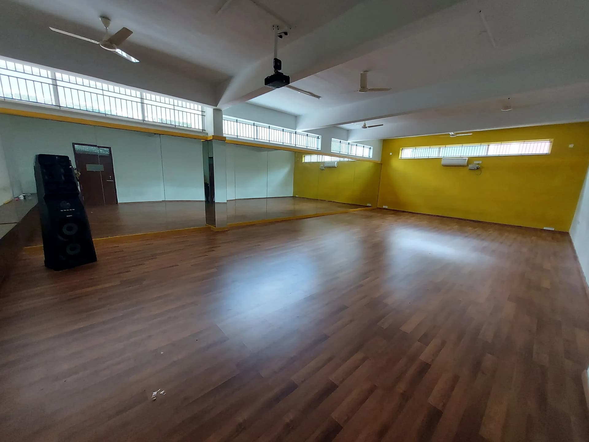Dance studio at PSSEMR School, with a sprung floor and a full mirror wall