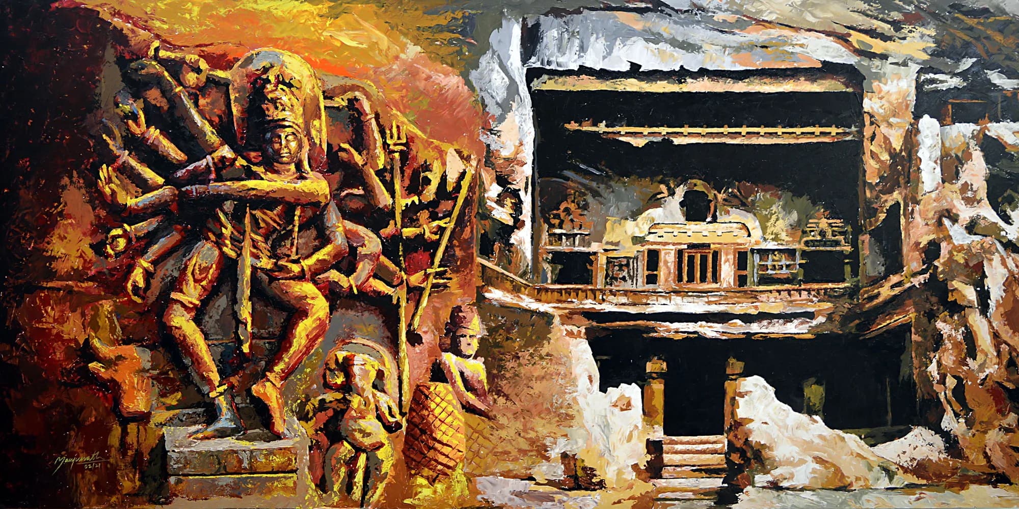 Painting of a bronze Nataraja figure beside a carved stone temple