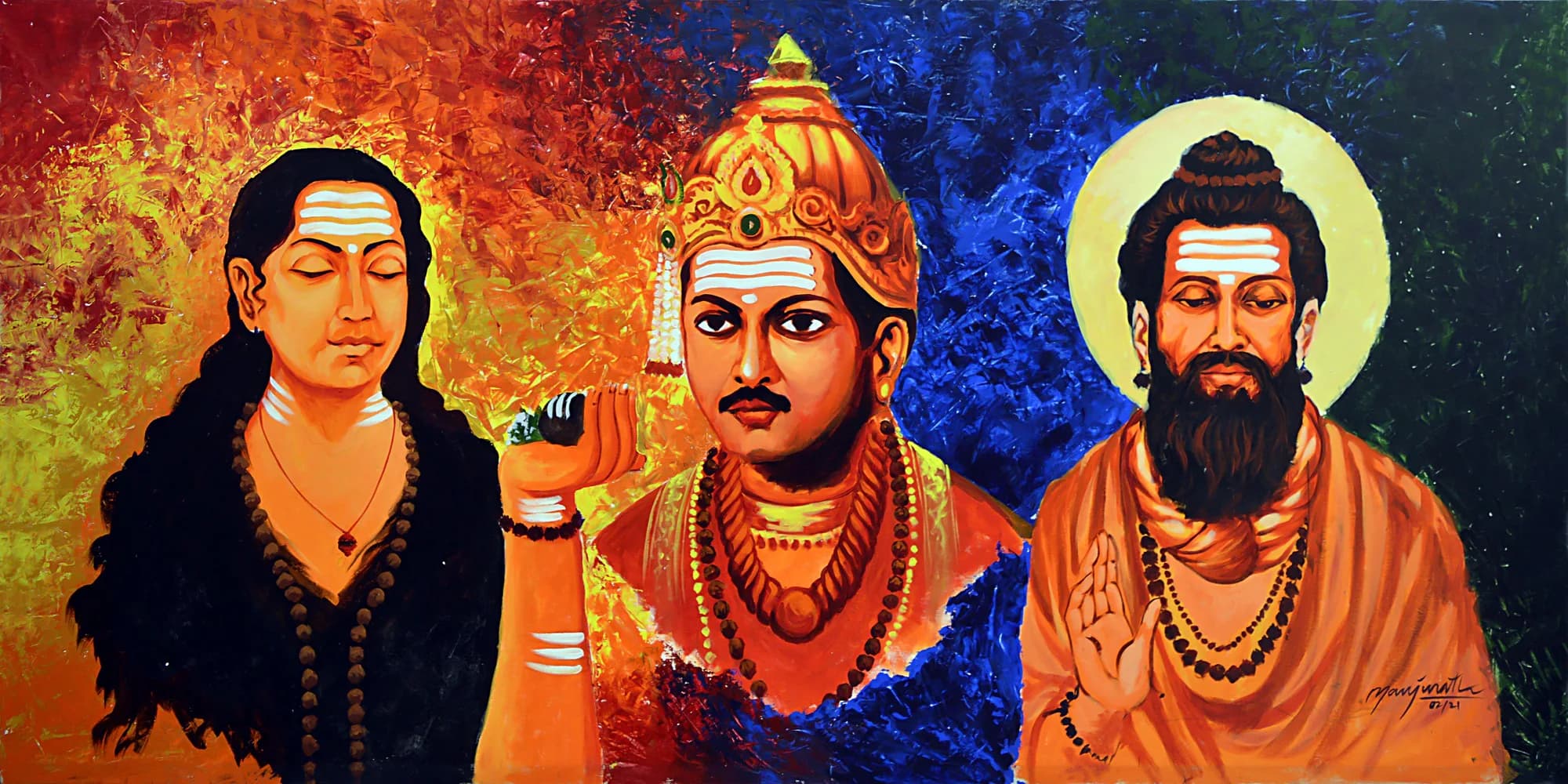 Painting of three robed figures against a vivid orange and blue ground